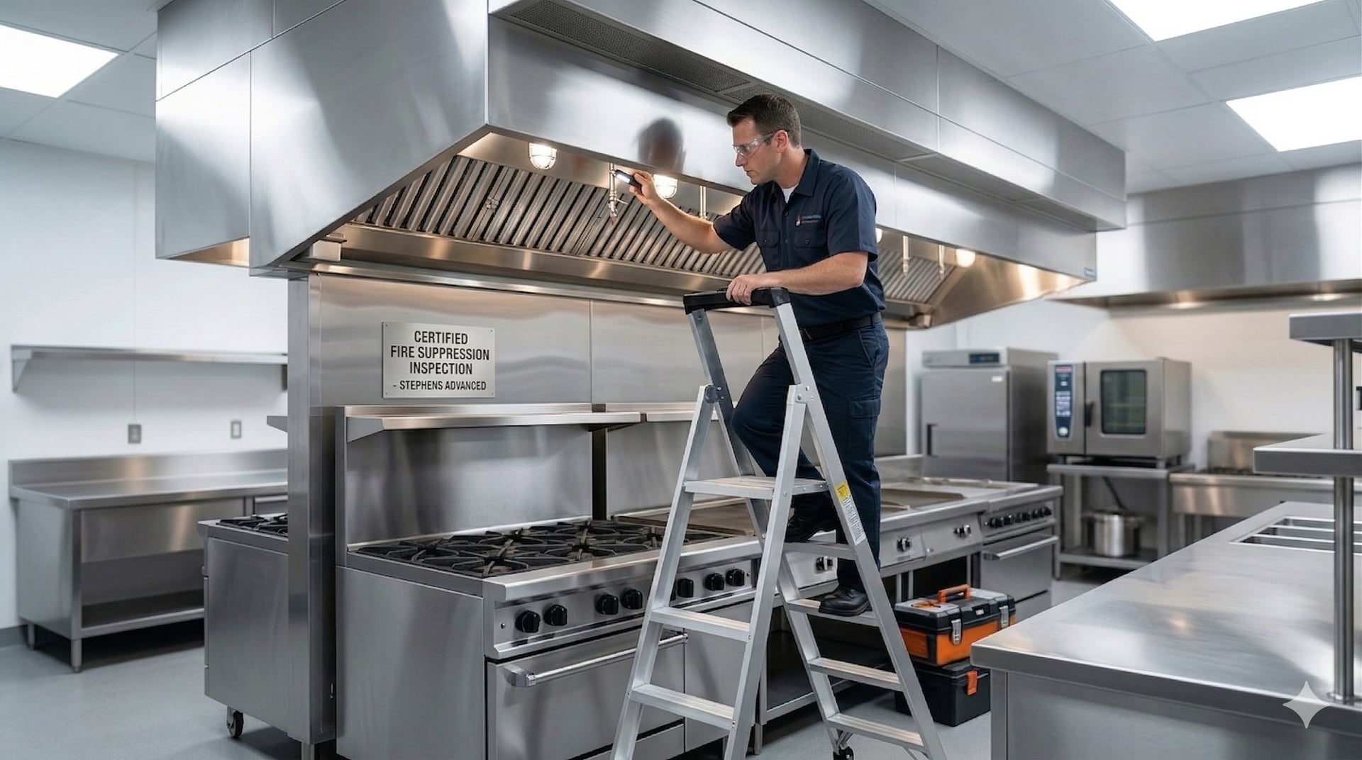 Stephens Advanced technician inspecting a commercial kitchen hood suppression system